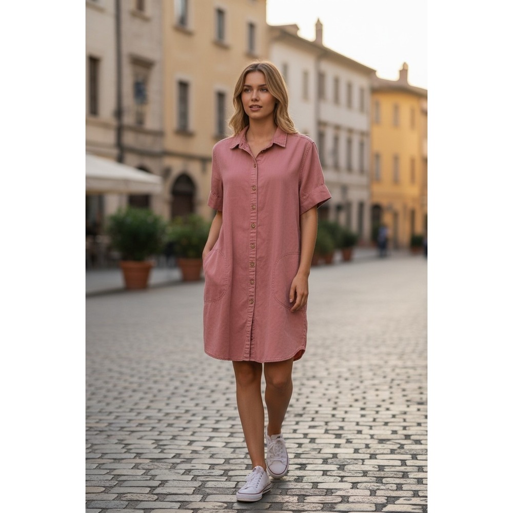 Lucky Brand Womens Dusty Rose Pink 100% Lyocell Button Front Shirt Dress Small